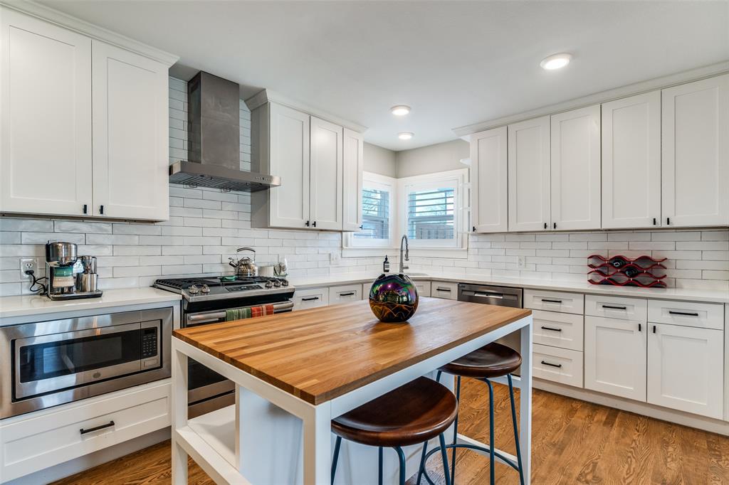 4245 Concho Street Dallas, TX 75206 - Photo 12 of 30 Kitchen with wooden counters, stainless steel appliances, white cabinets, and recessed lighting