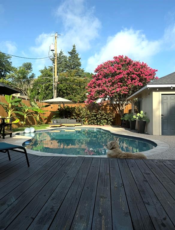 4245 Concho Street Dallas, TX 75206 - Photo 27 of 30 View of pool with a fenced backyard, a wooden deck, and patio surround