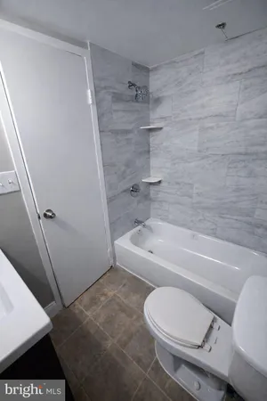 a bathroom with a toilet and a bath tub