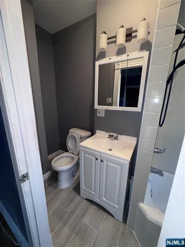 a bathroom with a sink a toilet and mirror