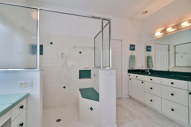 a bathroom with a granite countertop shower sink and mirror