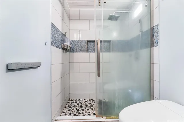 a bathroom with a toilet and a shower