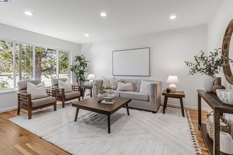 a living room with furniture and a potted plant