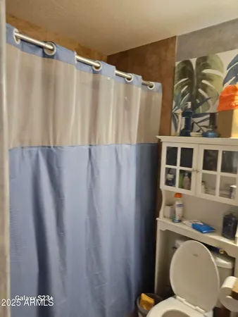 a bathroom with a toilet and shower