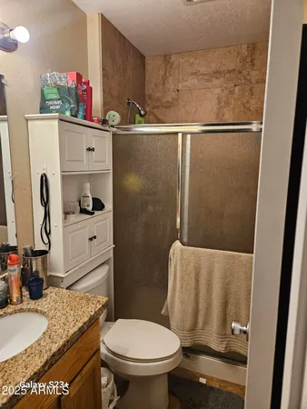 a bathroom with a granite countertop sink toilet and a mirror