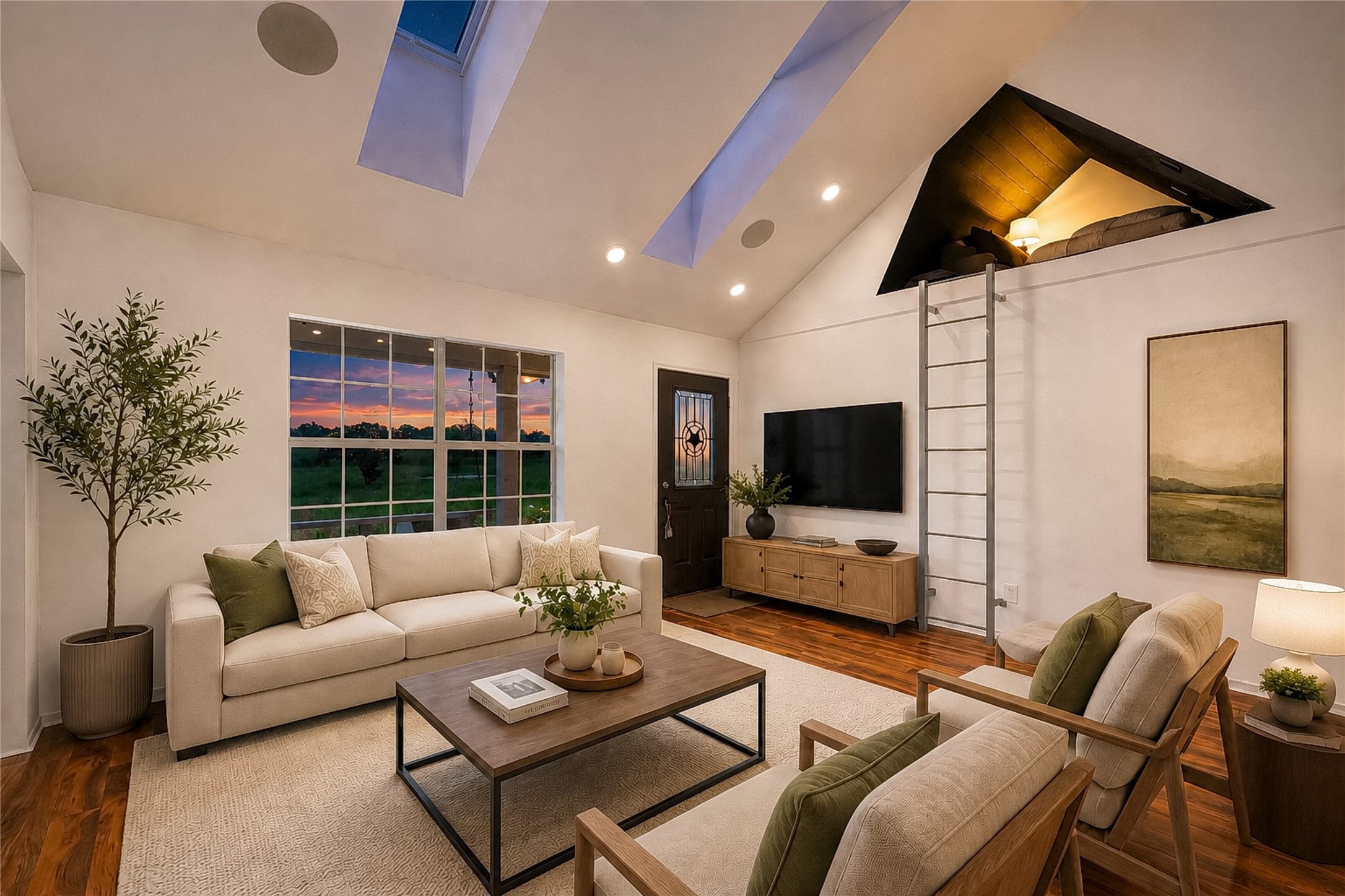 358 Easley Road Smithville, TX 78957 - Photo 3 of 36 Virtually staged - Sun-filled living area featuring vaulted ceilings, a cozy loft, and generous windows framing vibrant sunsets.