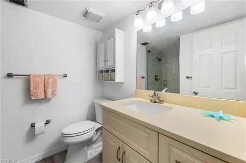 a bathroom with a sink a toilet and mirror