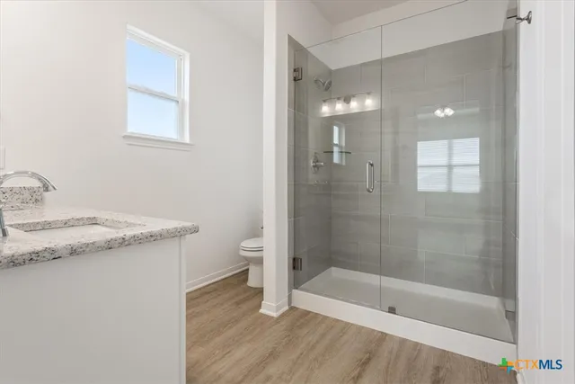 a bathroom with a granite countertop sink a toilet and shower