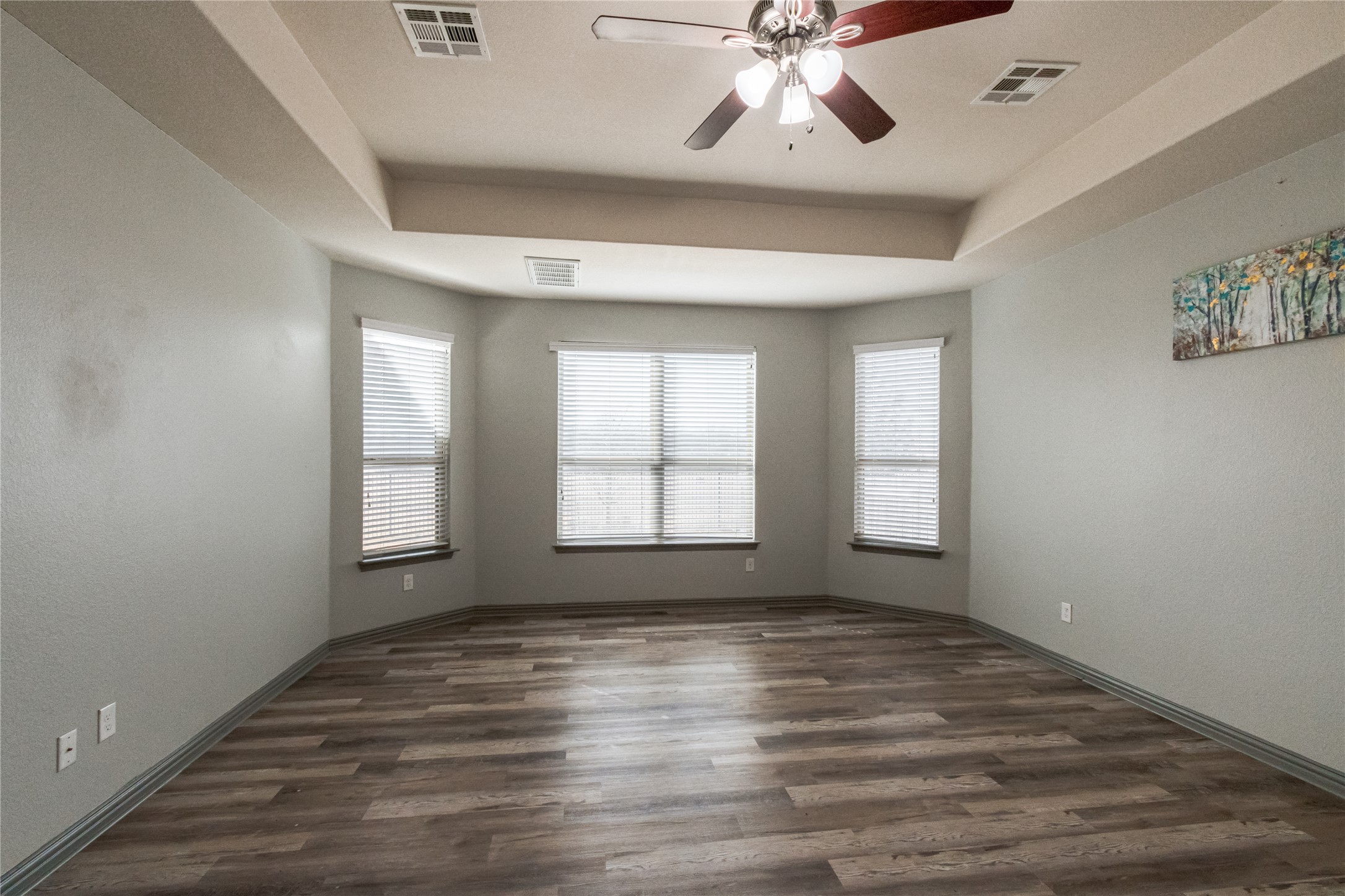 3413 Grail Hollows Road Pflugerville, TX 78660 - Photo 15 of 36 Unfurnished room with a raised ceiling, a ceiling fan, and dark wood-style flooring