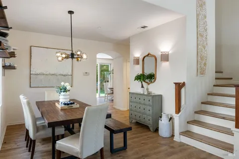 a view of a dining room with furniture