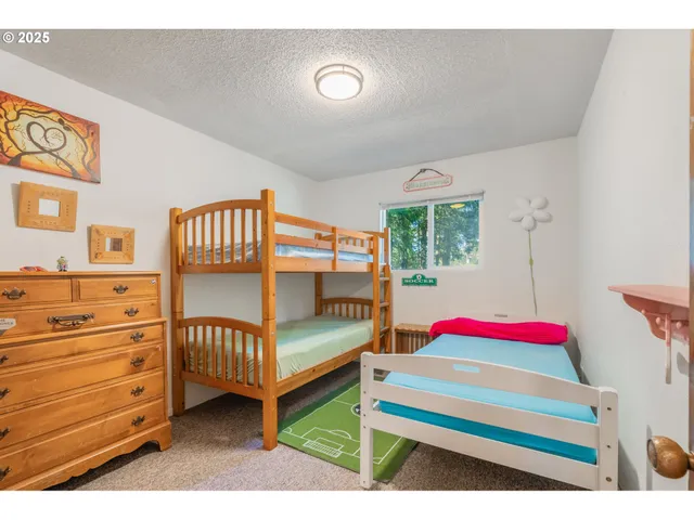 a bedroom with a bunk bed and a dresser in it