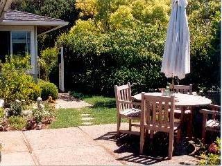 a view of a patio with table and chairs and potted plants