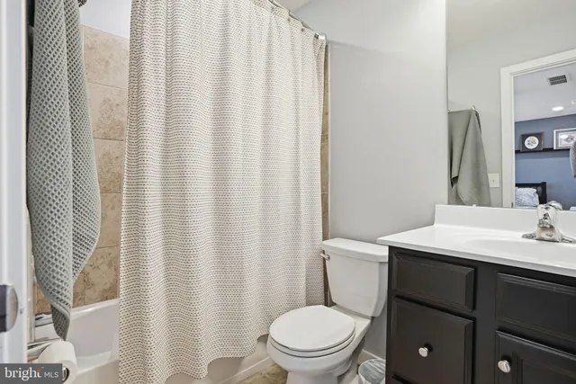 a bathroom with a sink a toilet a mirror and shower curtain