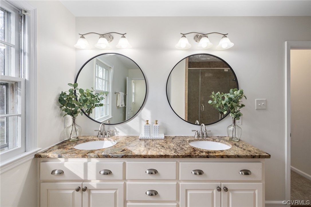 3612 Chesdin Boulevard Sutherland, VA 23885 - Photo 28 of 44 a bathroom with a granite countertop double vanity and mirror