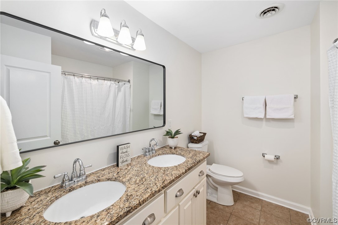 3612 Chesdin Boulevard Sutherland, VA 23885 - Photo 32 of 44 a bathroom with a granite countertop sink a mirror and a toilet