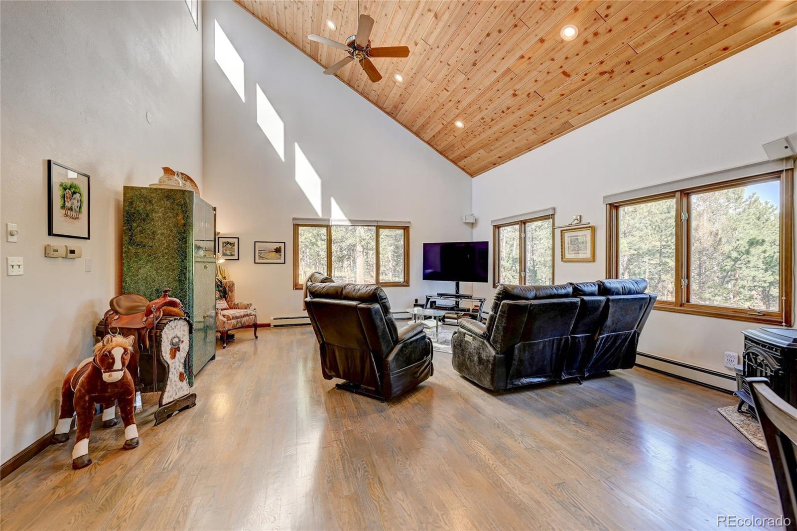 411 Spring Drive Pine, CO 80470 - Photo 15 of 40 a living room with furniture a flat screen tv and a large window