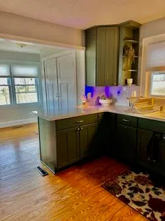 a bathroom with a double vanity sink a mirror and shower