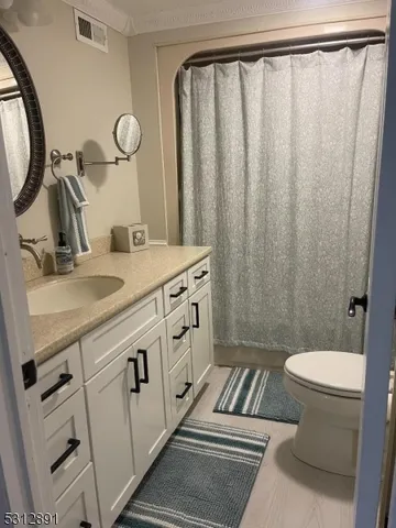a bathroom with a sink a toilet a mirror and shower curtain