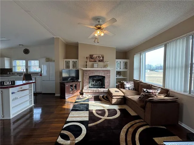 a living room with furniture and a fireplace