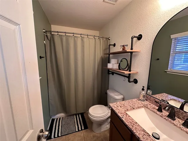 a bathroom with a sink a toilet and shower curtain