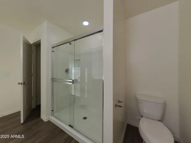 a bathroom with a shower and toilet
