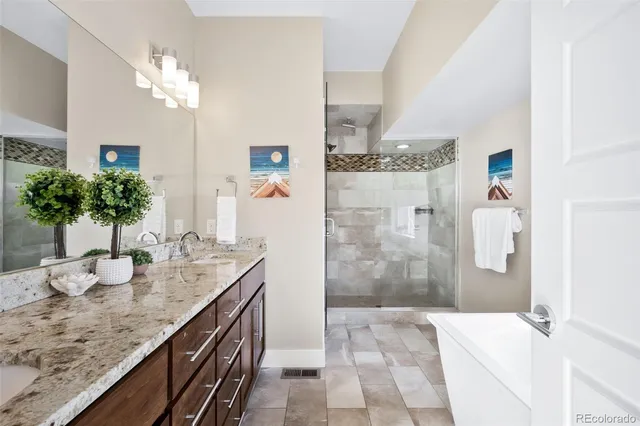 a bathroom with a granite countertop shower a sink and a mirror