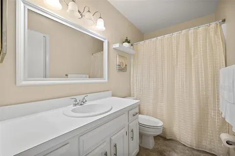 a bathroom with a sink a toilet and shower curtain