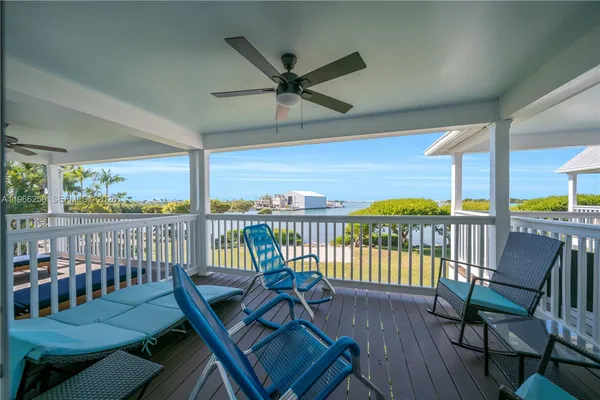 a view of a balcony with furniture