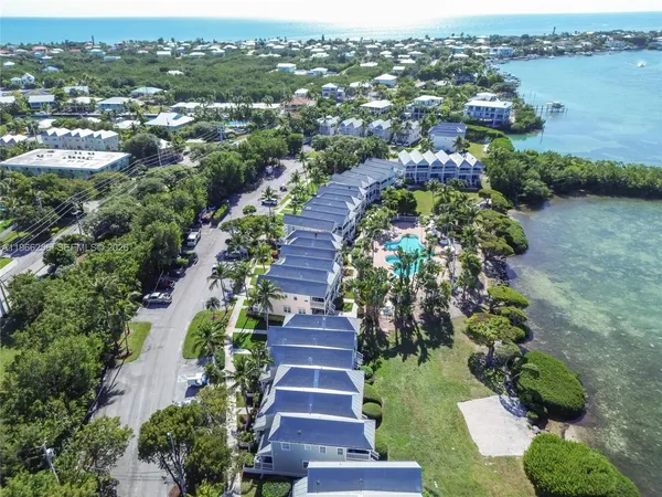 an aerial view of residential houses with outdoor space and lake view