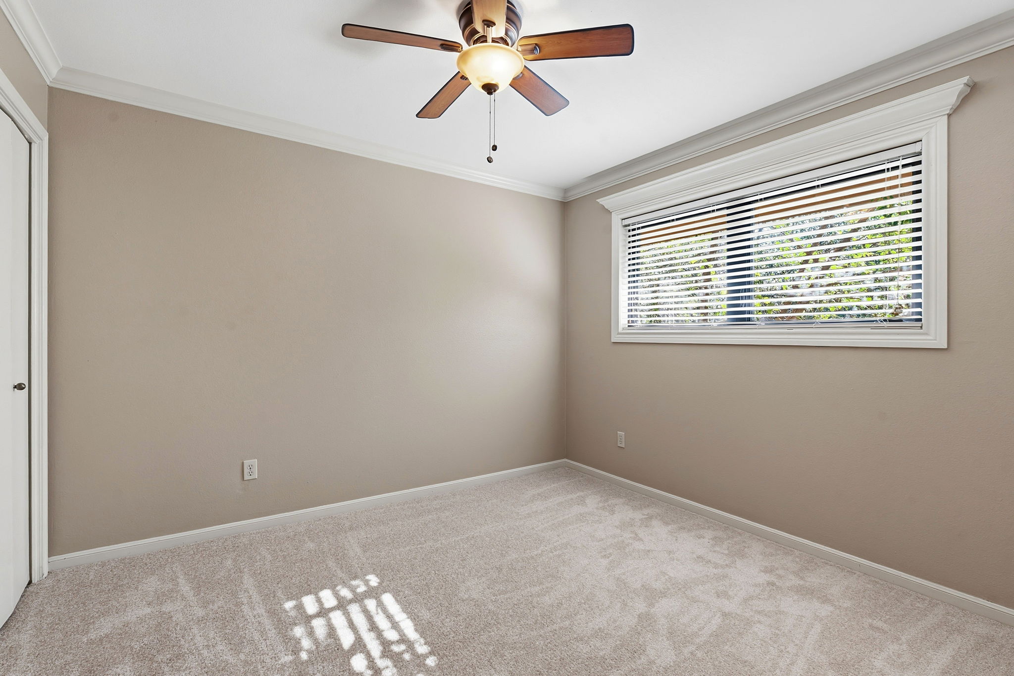 4601 Creek Ridge Austin, TX 78735 - Photo 22 of 40 Spare room featuring ornamental molding, light carpet, and ceiling fan