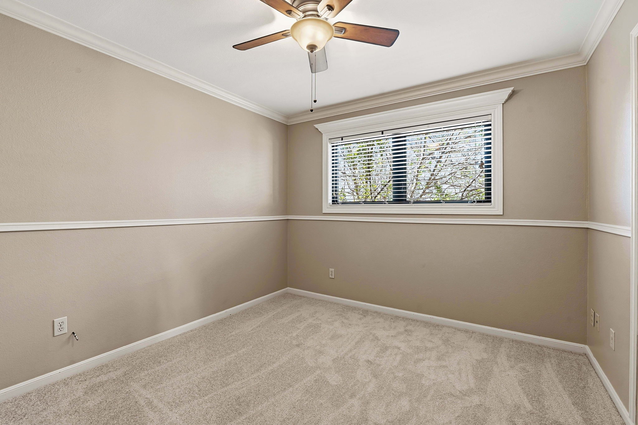 4601 Creek Ridge Austin, TX 78735 - Photo 23 of 40 Spare room with light carpet, crown molding, and a ceiling fan