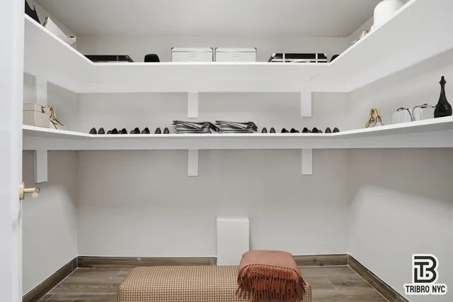 a view of a closet with wooden floor