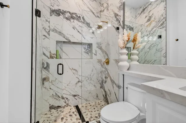 a aerial view of a house with a yard and potted plants