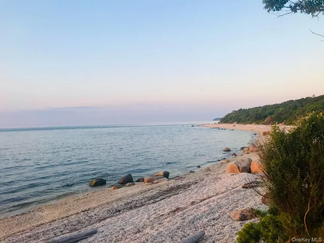 a view of an ocean beach and mountain