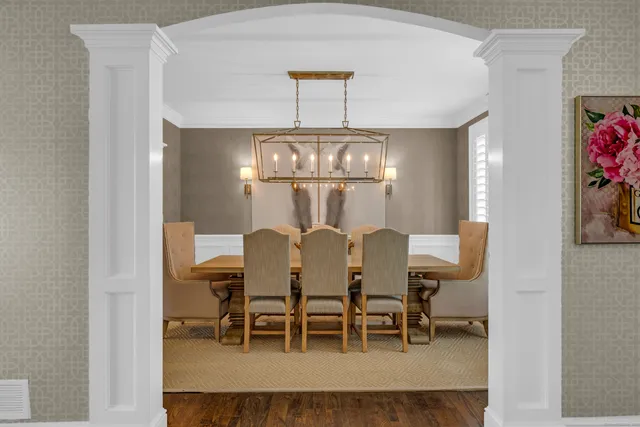 a view of a dining room with furniture