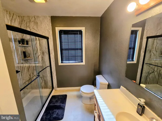 a bathroom with a sink a toilet a mirror and shower