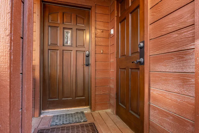 a view of a porch with a door