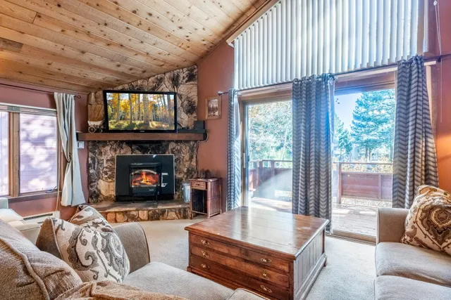 a living room with furniture a fireplace and a large window
