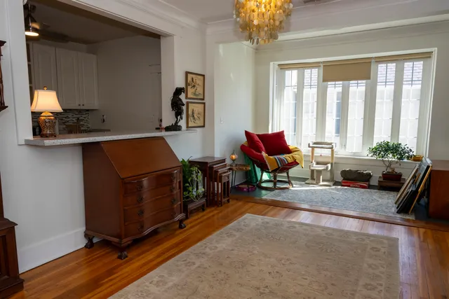 a living room with furniture and a potted plant