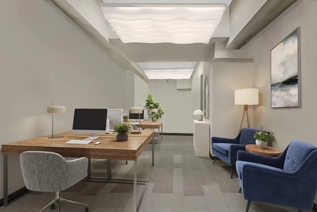 a workspace with furniture and a potted plant