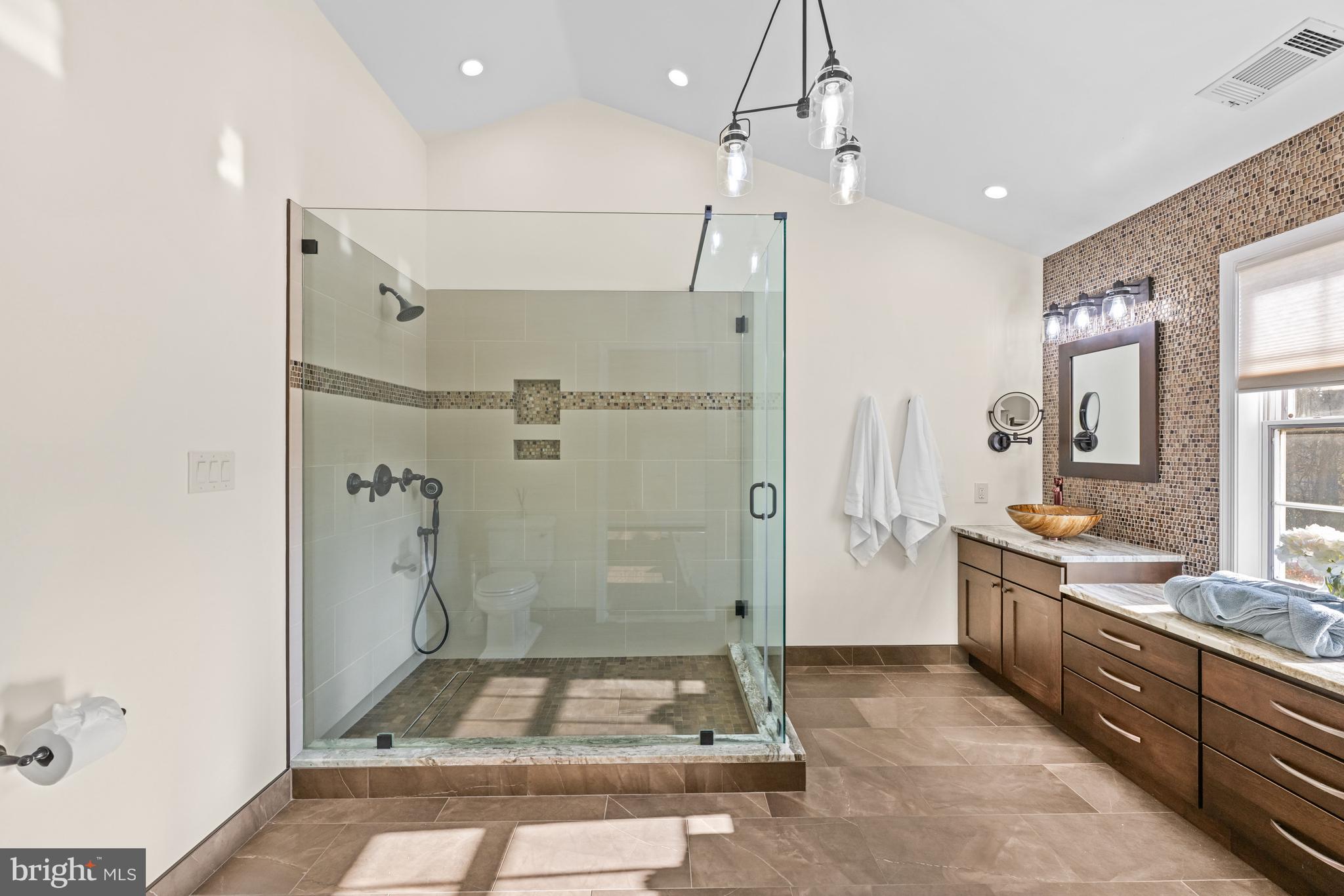 4807 Bready Road Rockville, MD 20853 - Photo 29 of 44 a bathroom with a granite countertop sink a mirror and a shower
