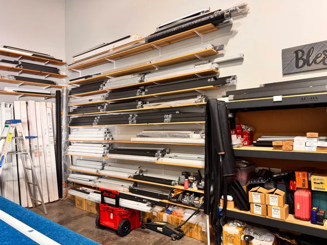 a room with musical instruments and a table