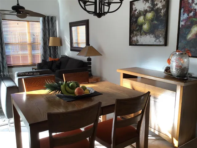 a view of a dining room with furniture and window