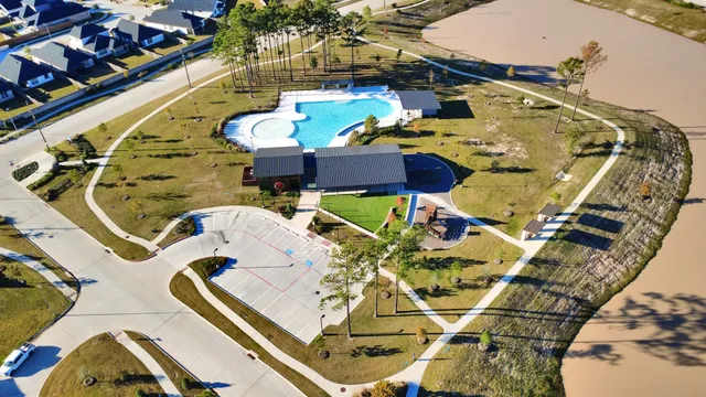 an aerial view of a swimming pool