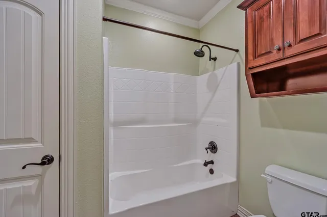 a bathroom with a shower and a toilet