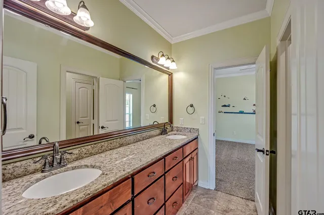 a bathroom with a granite countertop double vanity sink a mirror and a shower