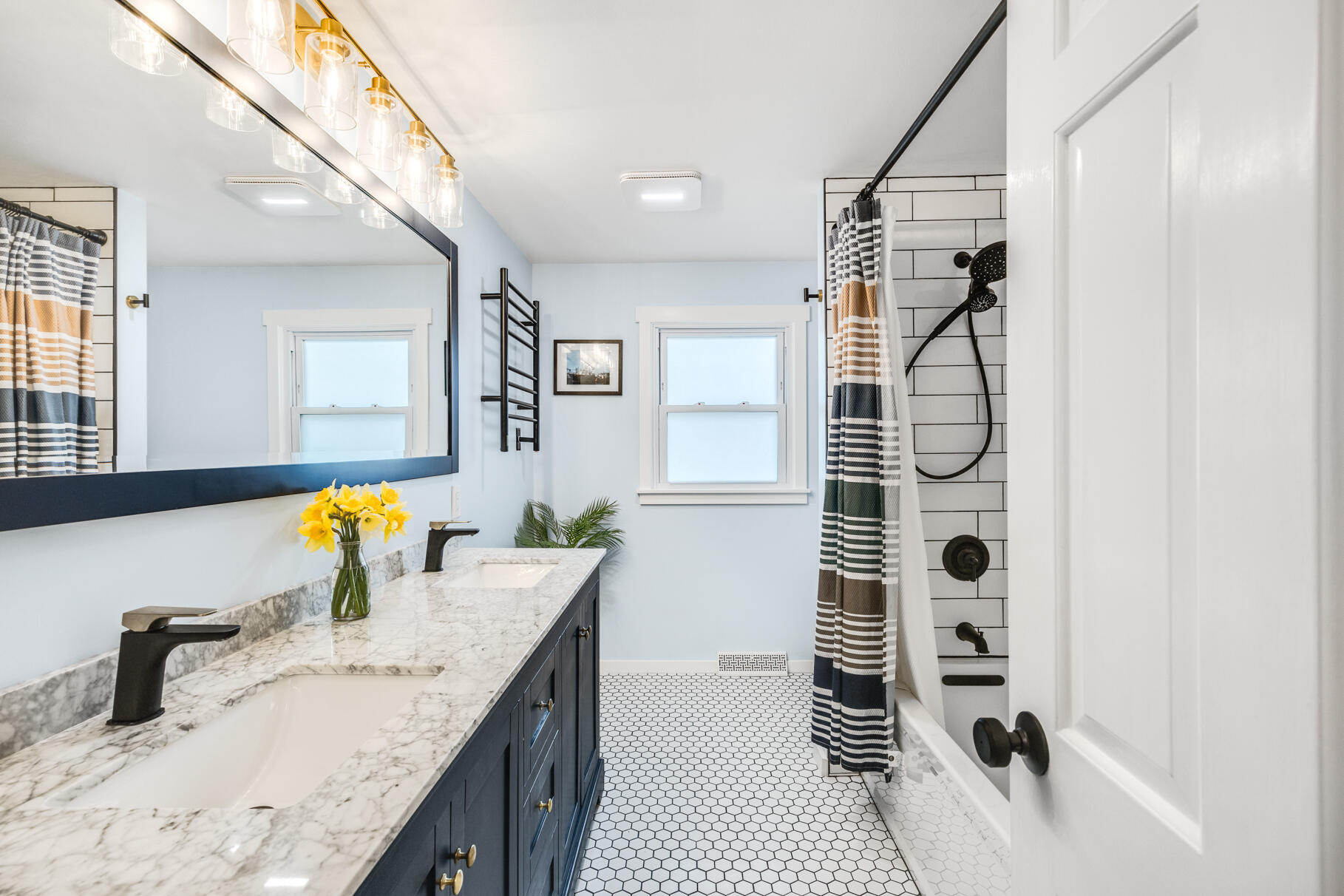 25 Cranberry Road Eastham, MA 02642 - Photo 21 of 45 a bathroom with a granite countertop sink a mirror and shower