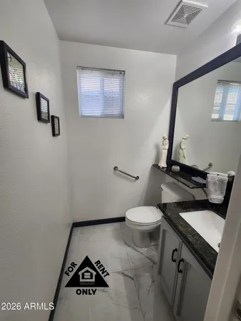 a bathroom with a sink a toilet and mirror