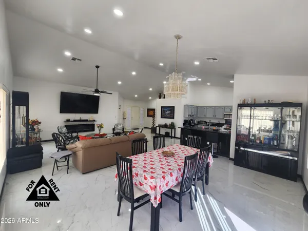 a view of a dining area with furniture