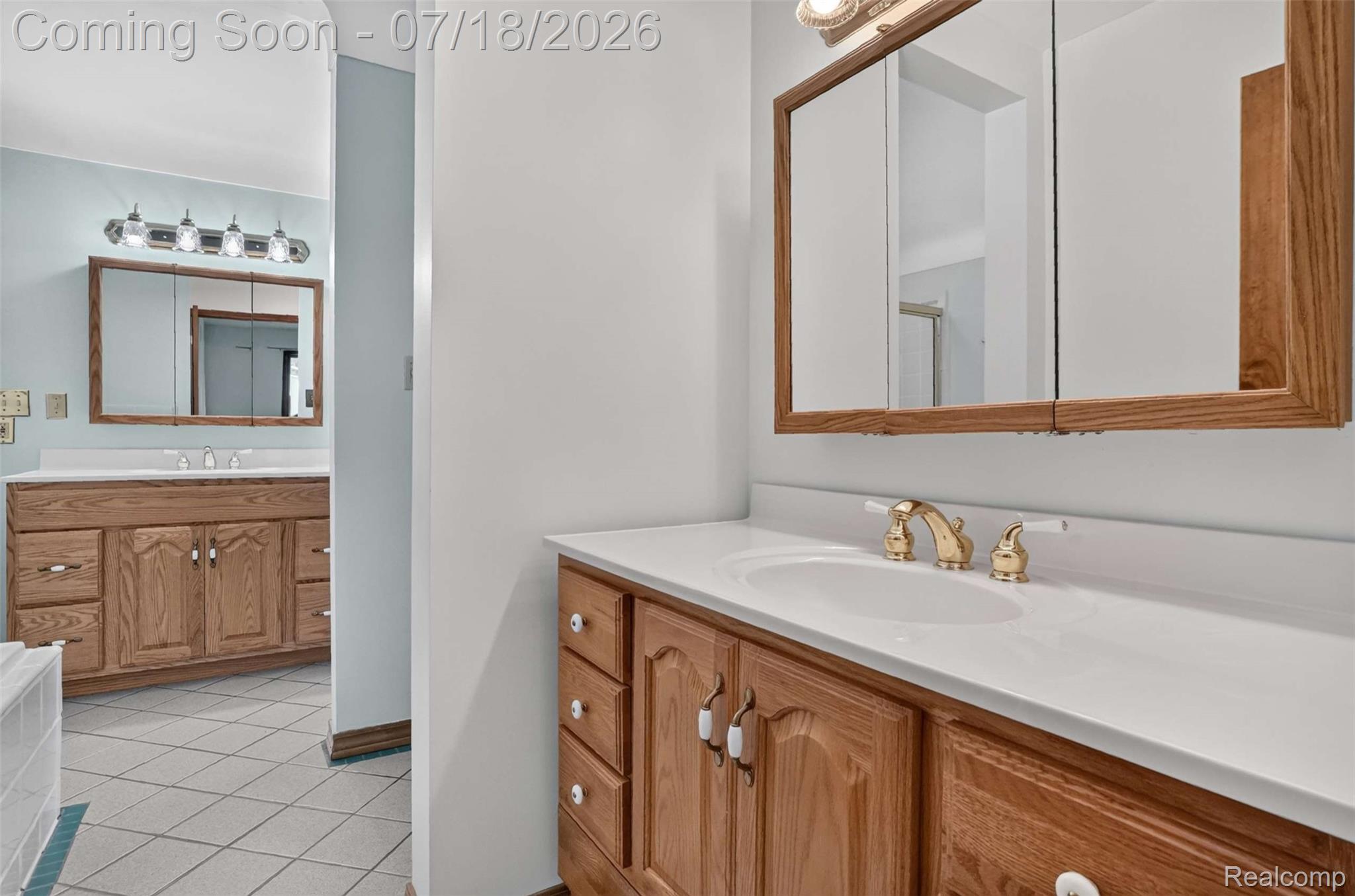 1437 East Cook Road Grand Blanc, MI 48439 - Photo 56 of 69 Bathroom vanity with a white countertop and gold-finish faucet, featuring a wood-frame medicine cabinet